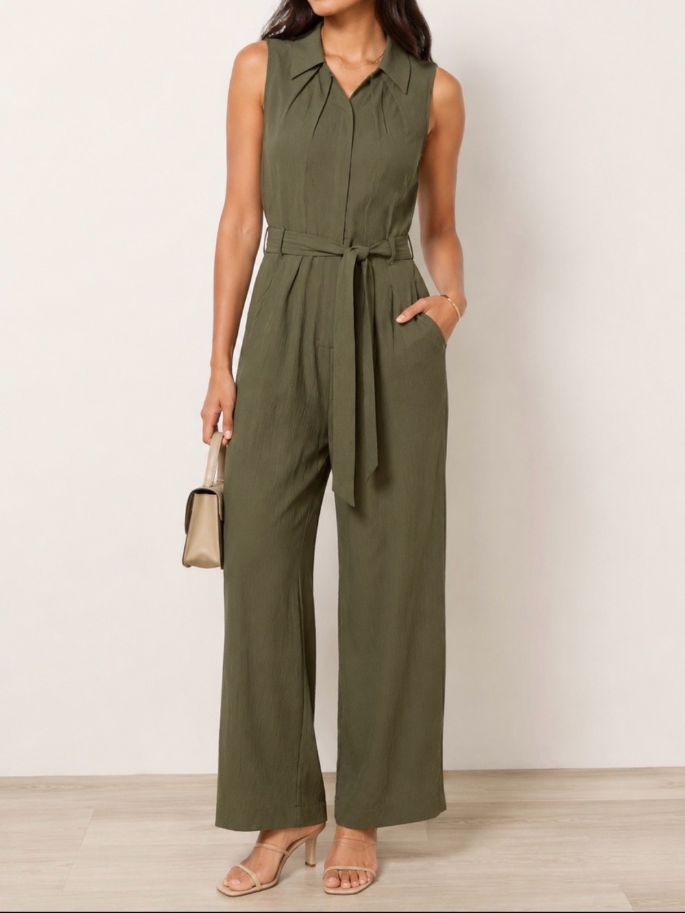 Calvin Klein Olive Green Sleeveless Jumpsuit with Tie Waist Size 12